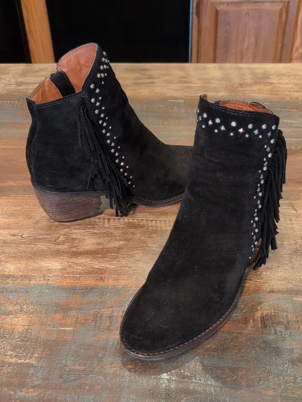 Lucky Brand Ankle Booties Shoes Kaarina Black Suede Fringe Studs - Women's 8